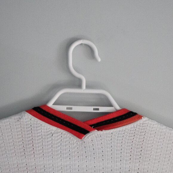 89th & Madison Open Front Oversized White Small Knit Red Collar Sweater Cardigan - Picture 6 of 11